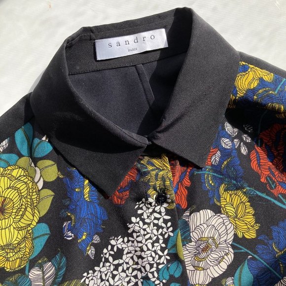 SANDRO Black Floral Print Silk Crepe Button Up Collared Shirt Blouse - Picture 14 of 16